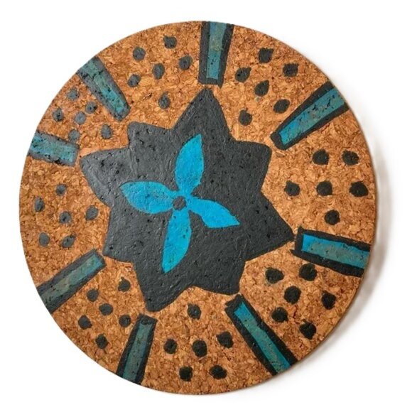 Cork Trivet Boho Bohemian Chic Hand Painted Round 7.5 inch Diameter - Picture 1 of 6